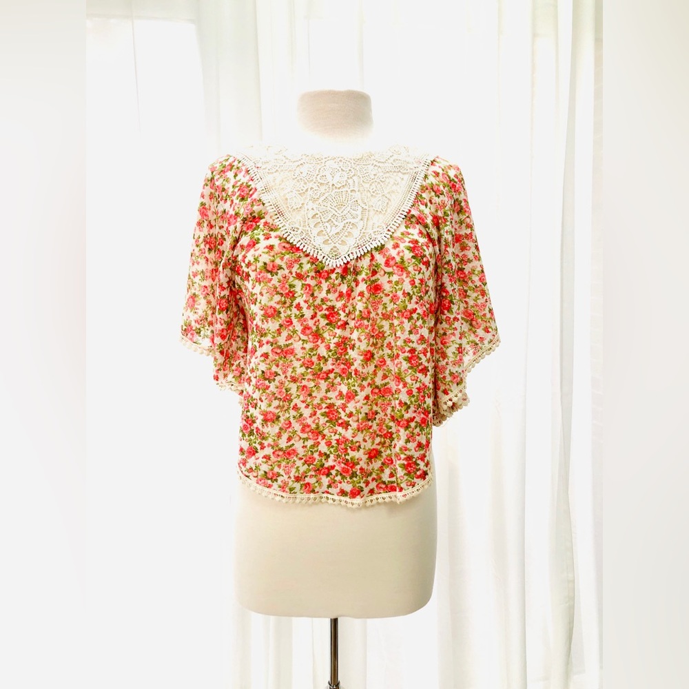 Pink Floral Print Shawl with Lace and Fringe